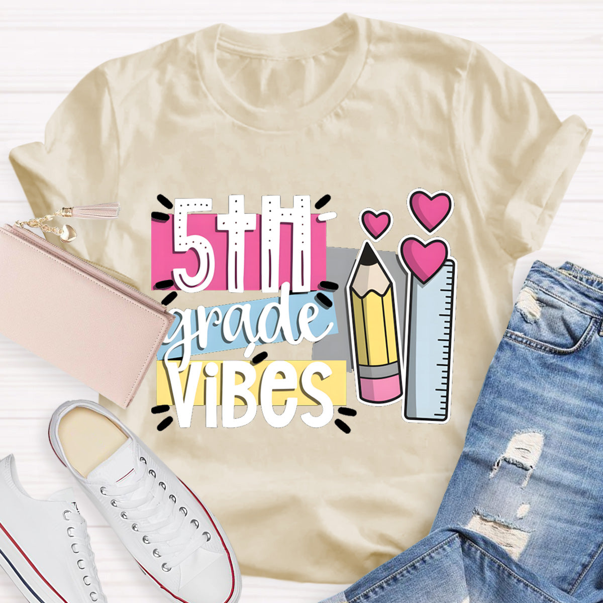 Personalized Grade 5th Grade Vibes Teacher T-Shirt