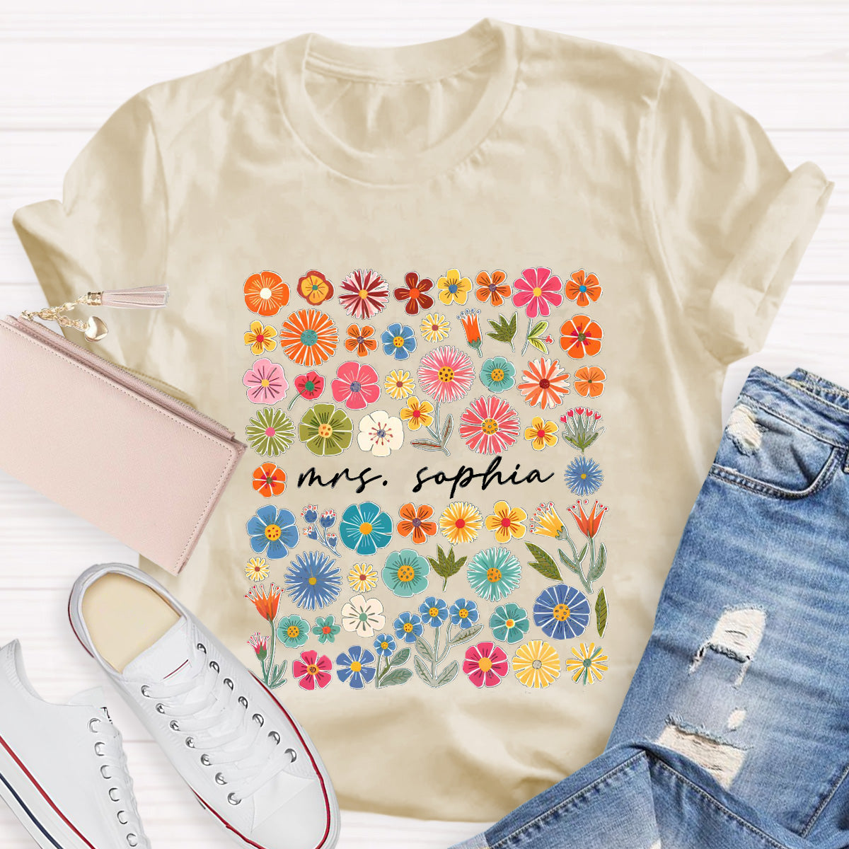 Personalized Name Pink Flowers Teacher T-Shirt