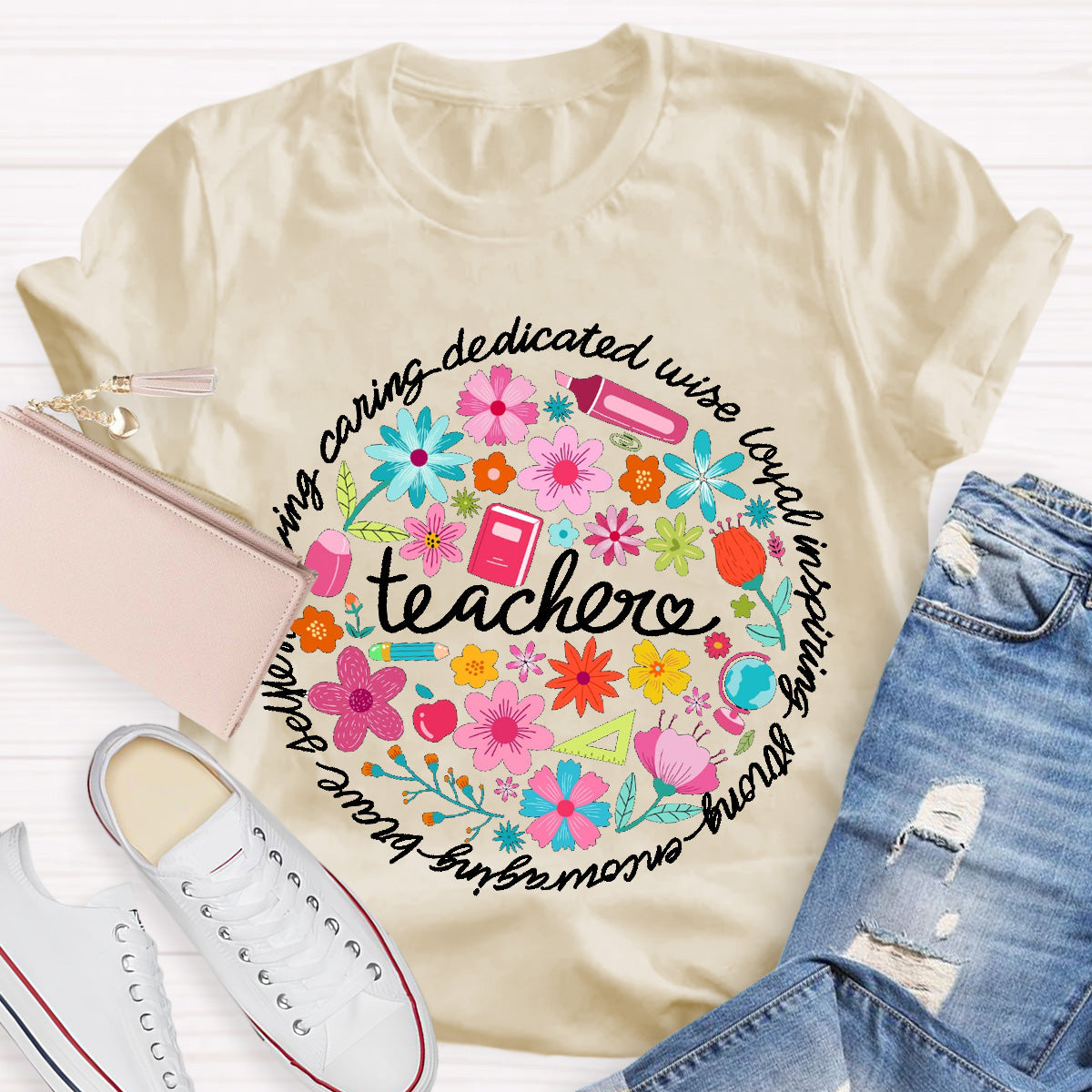Loving Caring Dedicated Floral Teacher T-Shirt