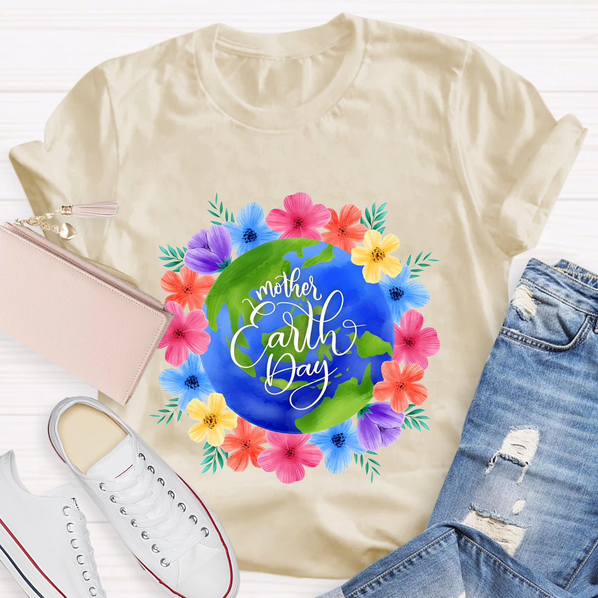 Blue Earth Day Floral Teacher T-Shirt
