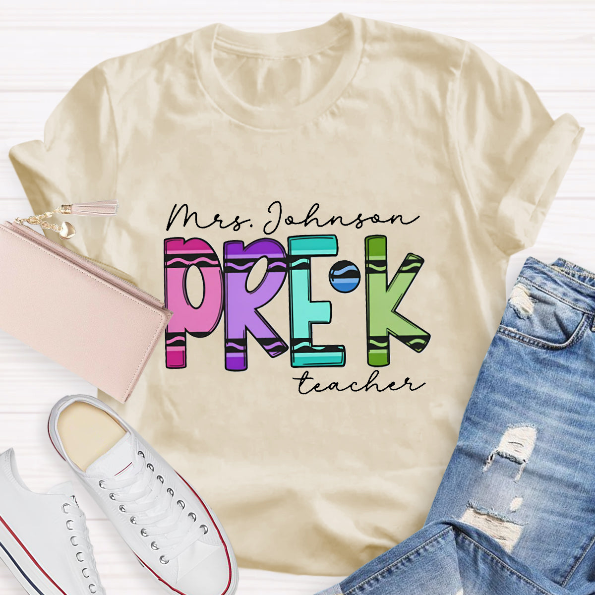 Personalized Grade And Name Crayon Teacher T-Shirt