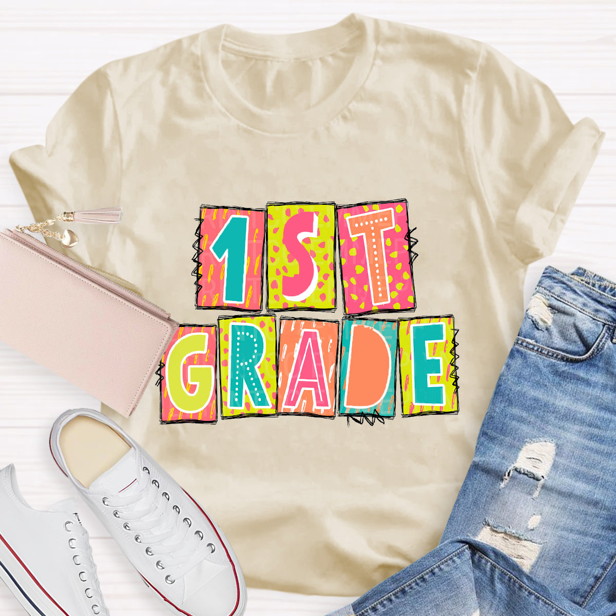 Personalized Grade Personalized Color Block 1st Grade Teacher T-Shirt
