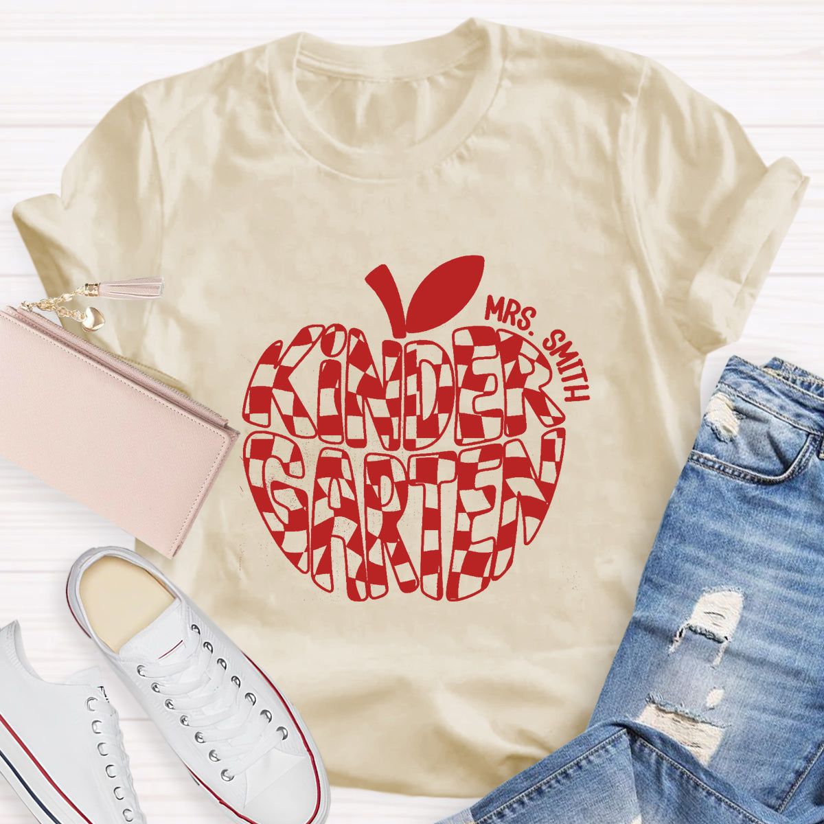 Personalized Name Kinder Garten Teacher Apple T-Shirt