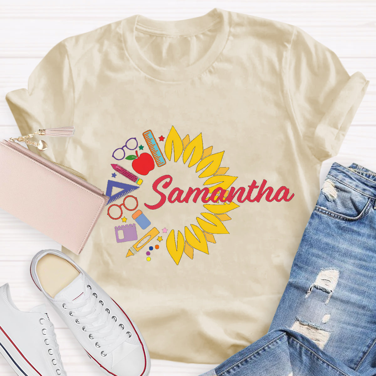Personalized Name Sunflower Pencil Samantha Teacher T-Shirt