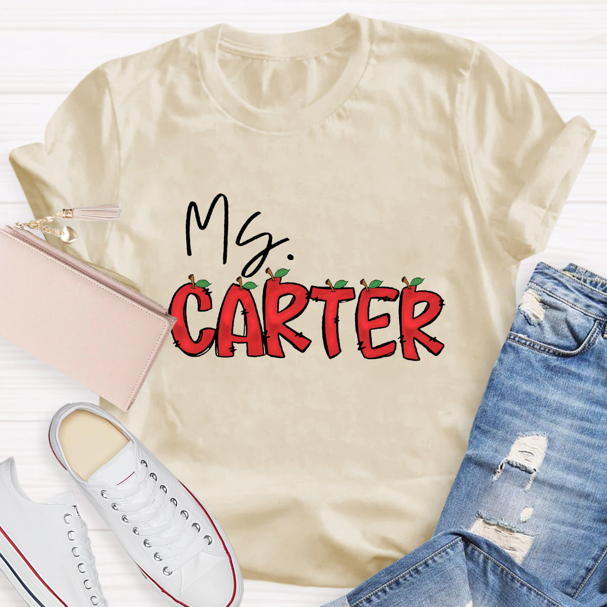 Personalized Teacher's Name Red Apple Letter T-Shirt
