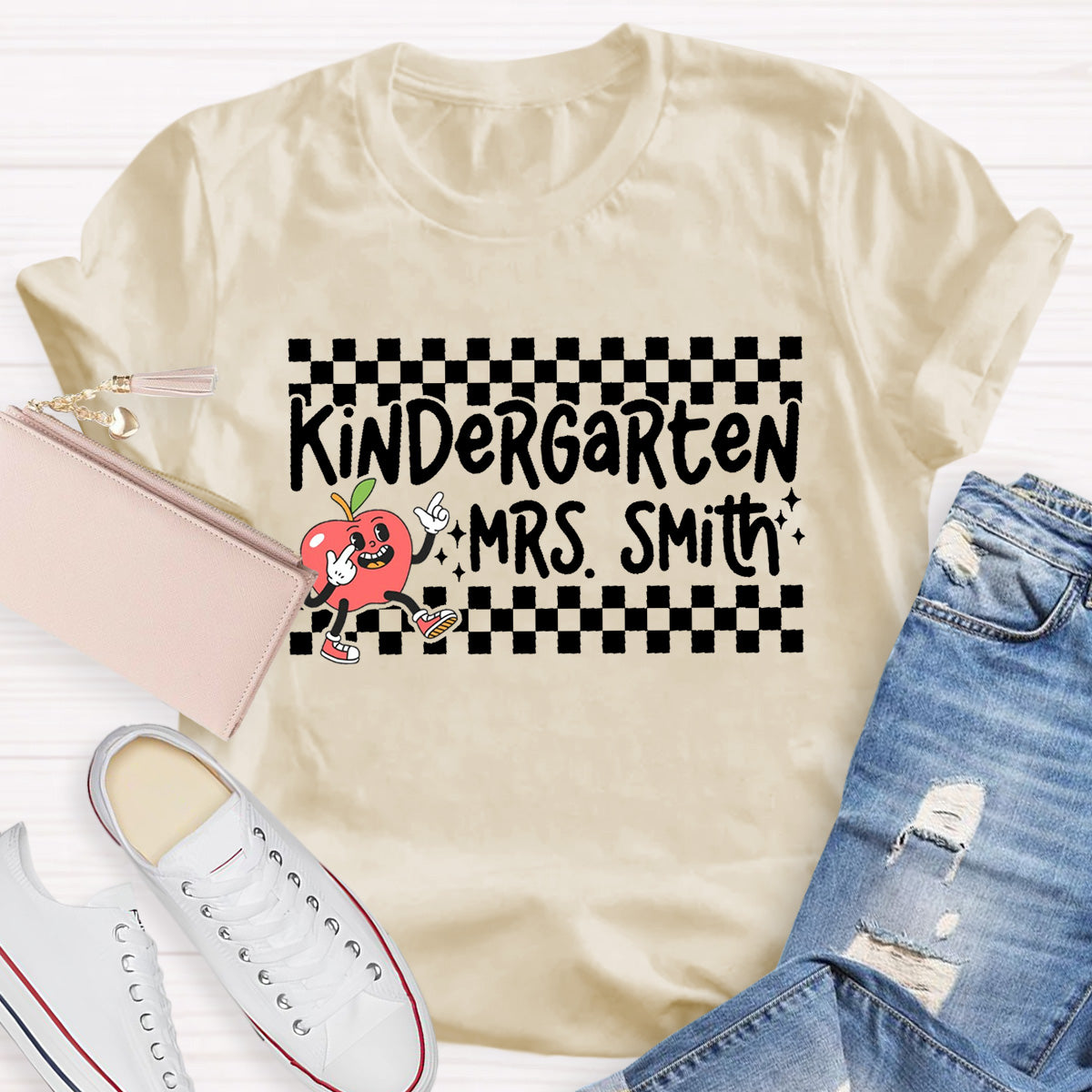 Personalized Grade And Name Chessboard pattern Apple Teacher T-Shirt