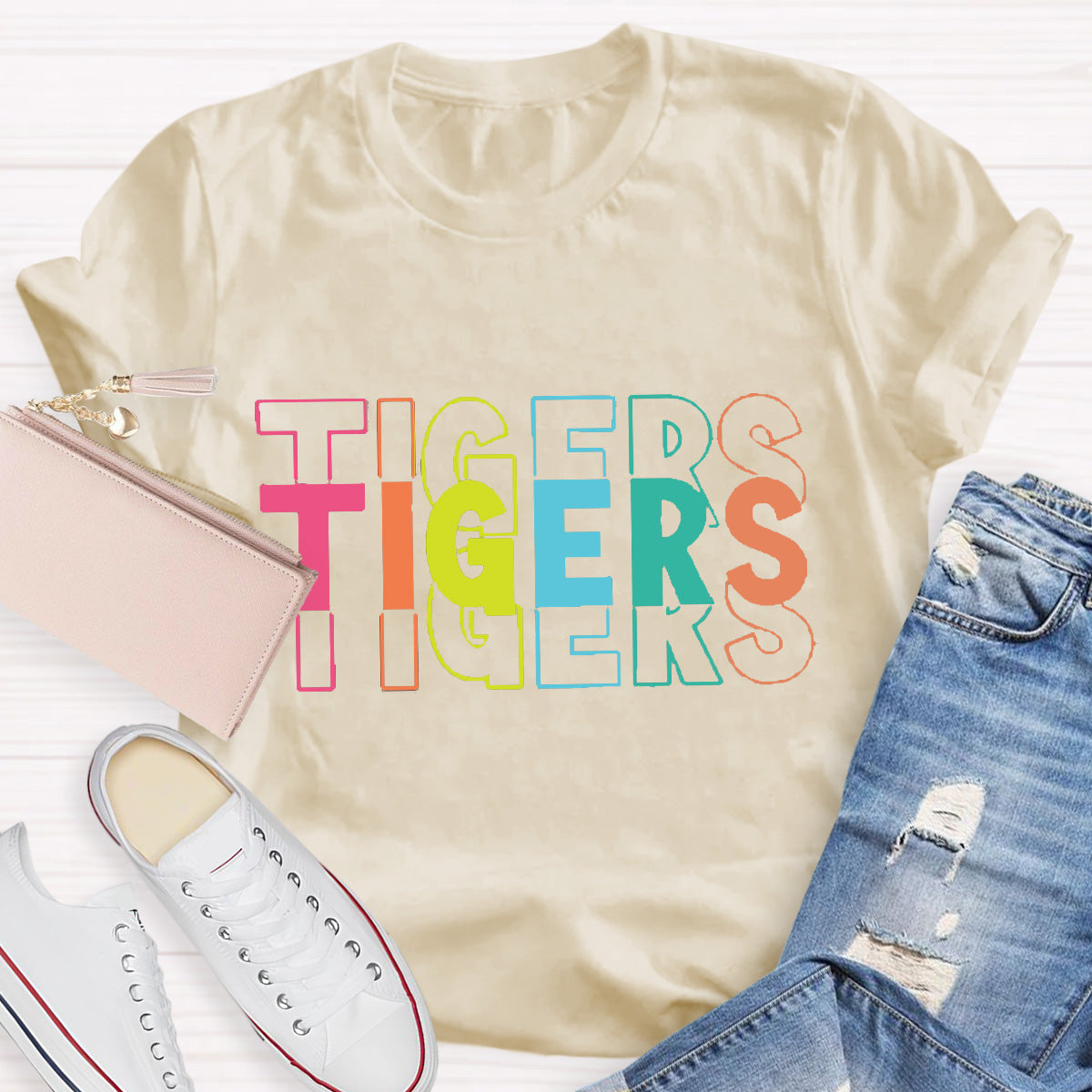 Personalized Mascot Tigers Colorful Letters Teacher T-Shirt