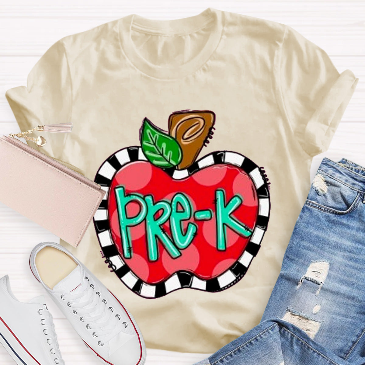 Personalized Grade Teacher Color Block Apple Printed T-Shirt