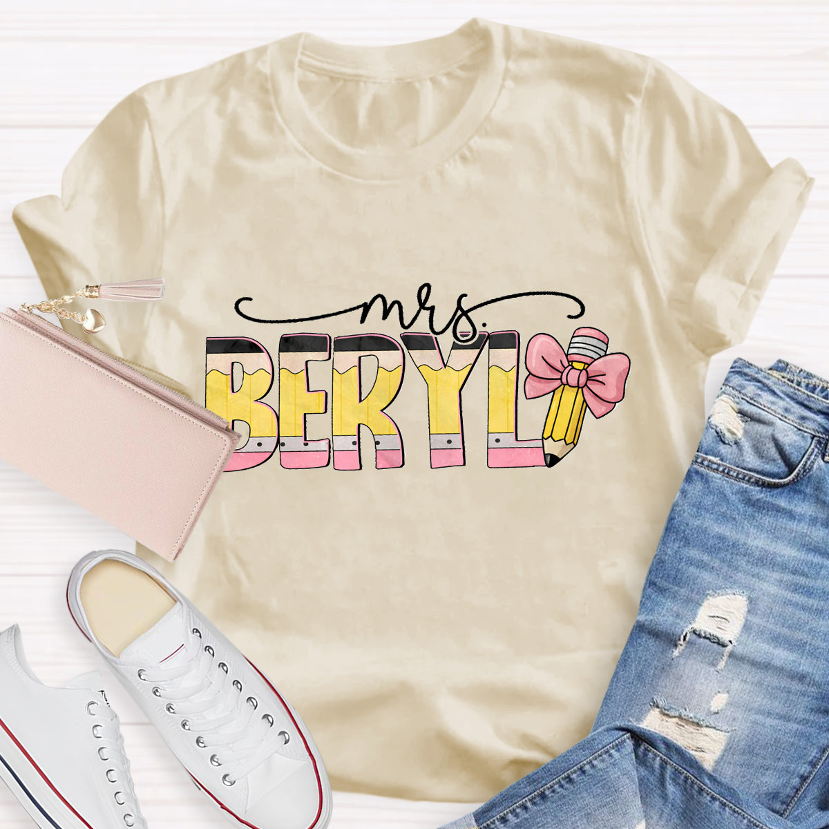 Personalized Teacher Name Pink Pencil T-Shirt