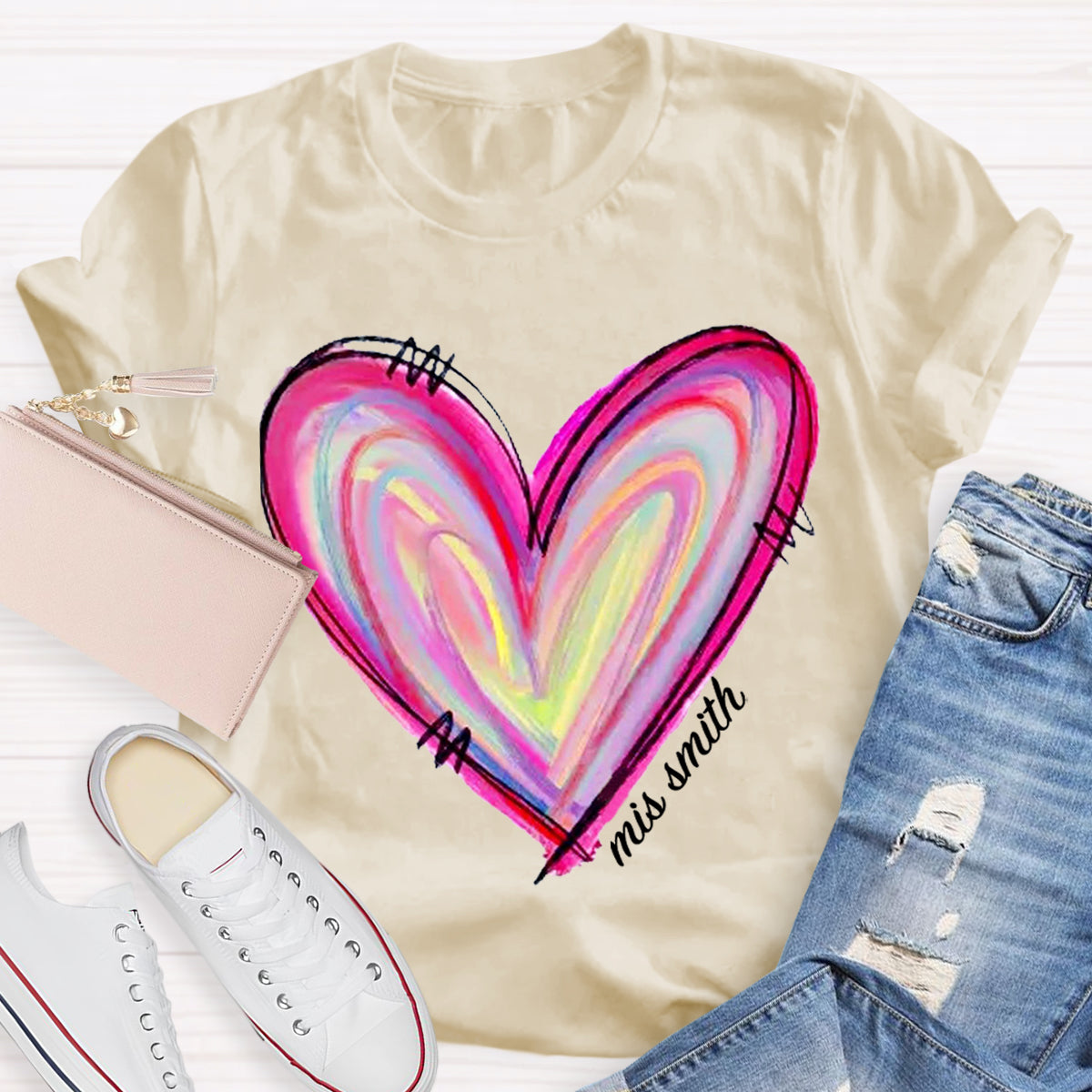 Personalized Name Art Painted Heart Teacher T-Shirt