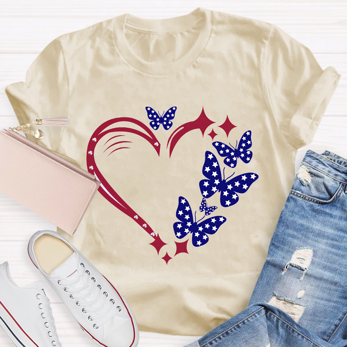 Stars And Strips Butterfly Teacher T-Shirt