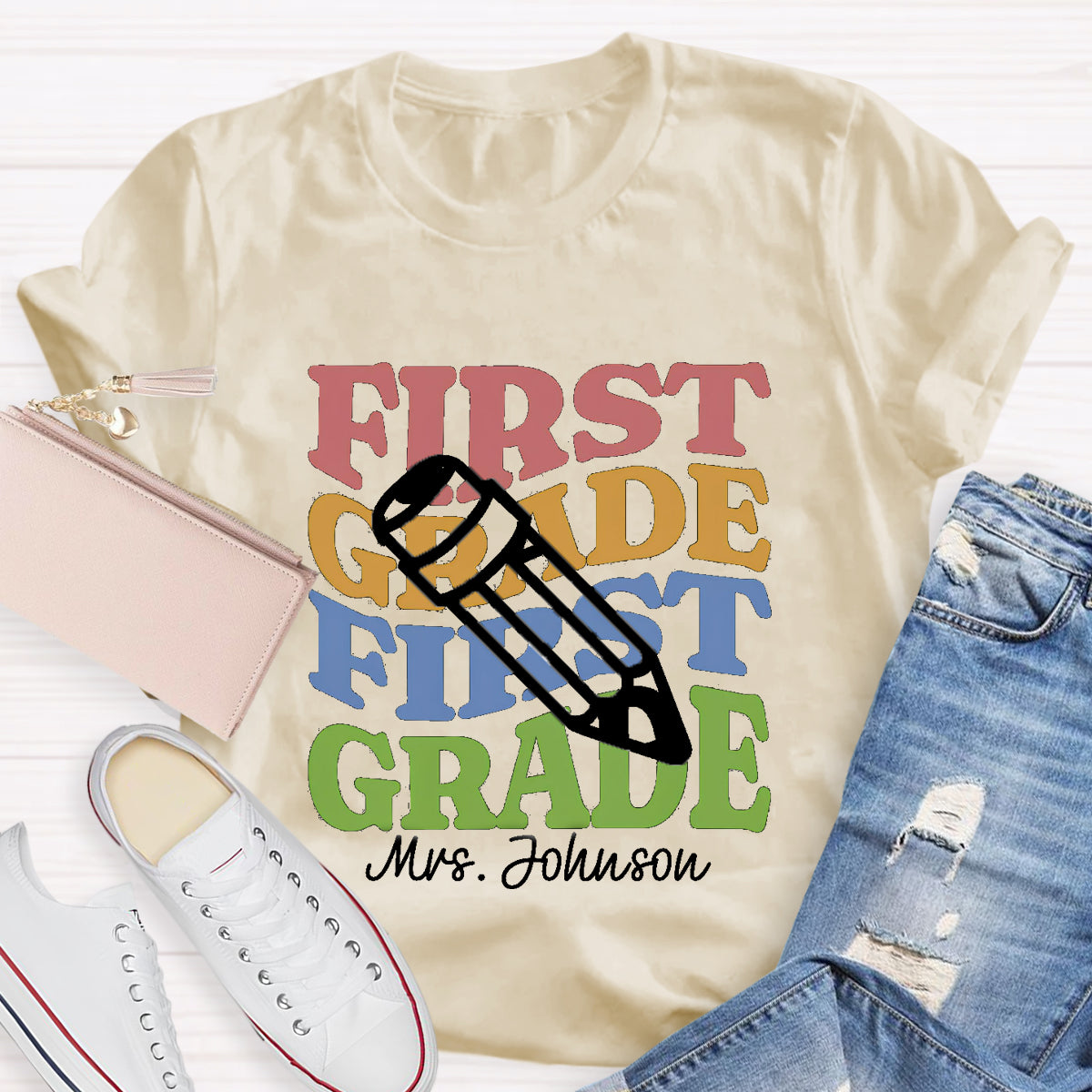 Personalized Teacher Grade And Name Pencil Back To School T-Shirt