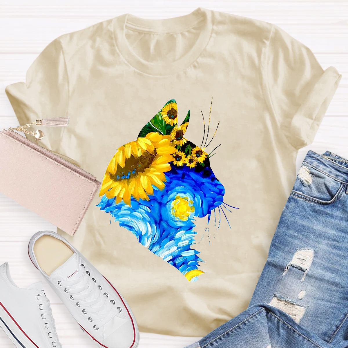 Art Sunflower Cat Teacher T-Shirt