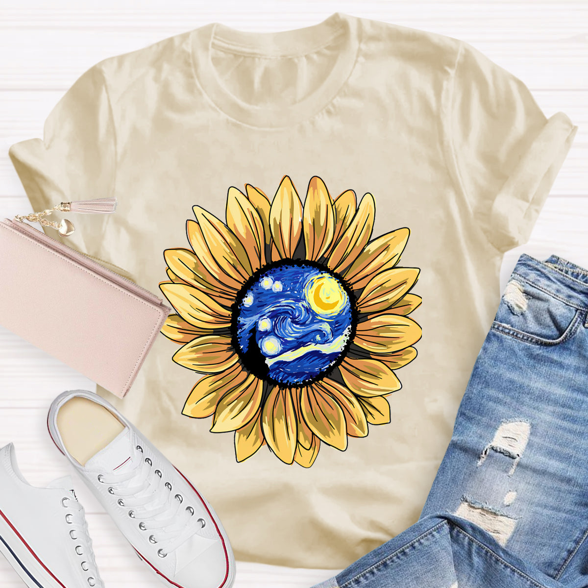 Starry Sky Art Sunflower Teacher T-Shirt