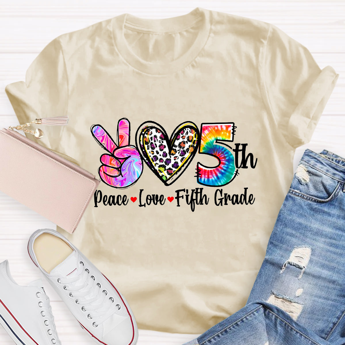 Personalized Grade Peace Love 5th Grade Teacher T-Shirt