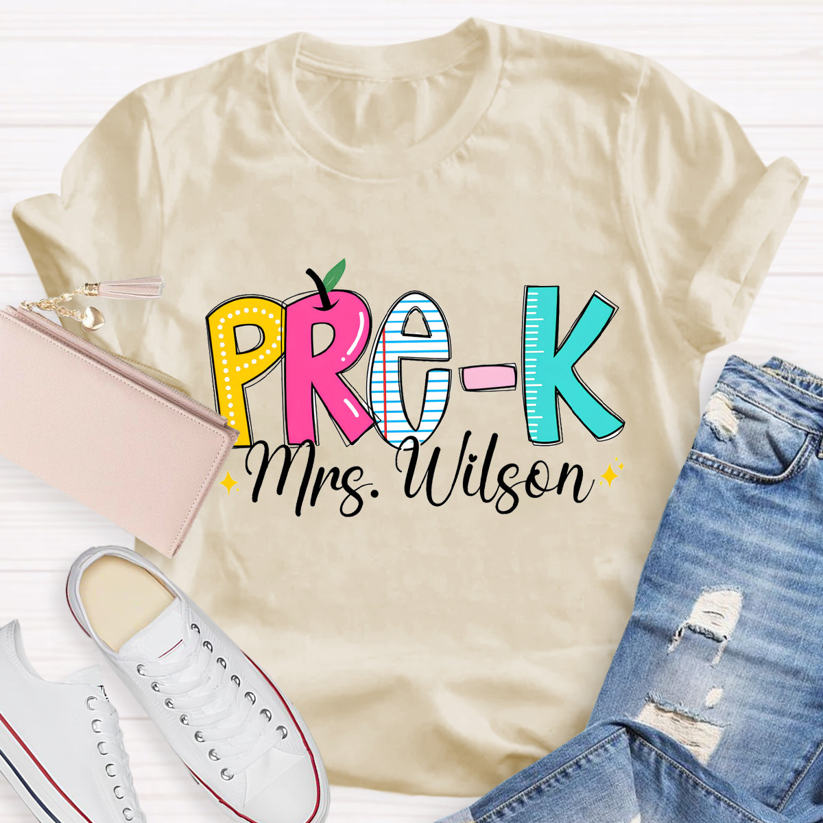 Personalized Grade And Teacher Name Apple Ruler Printed T-Shirt
