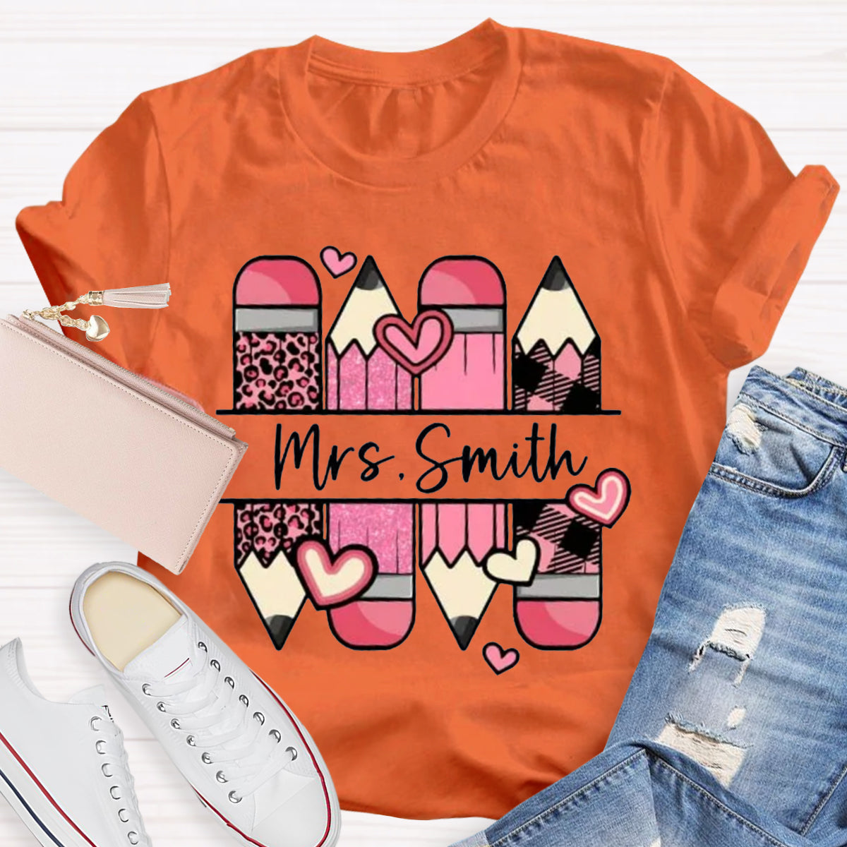 Personalized Name Pink Pencil Heart Mrs Smith T-Shirt