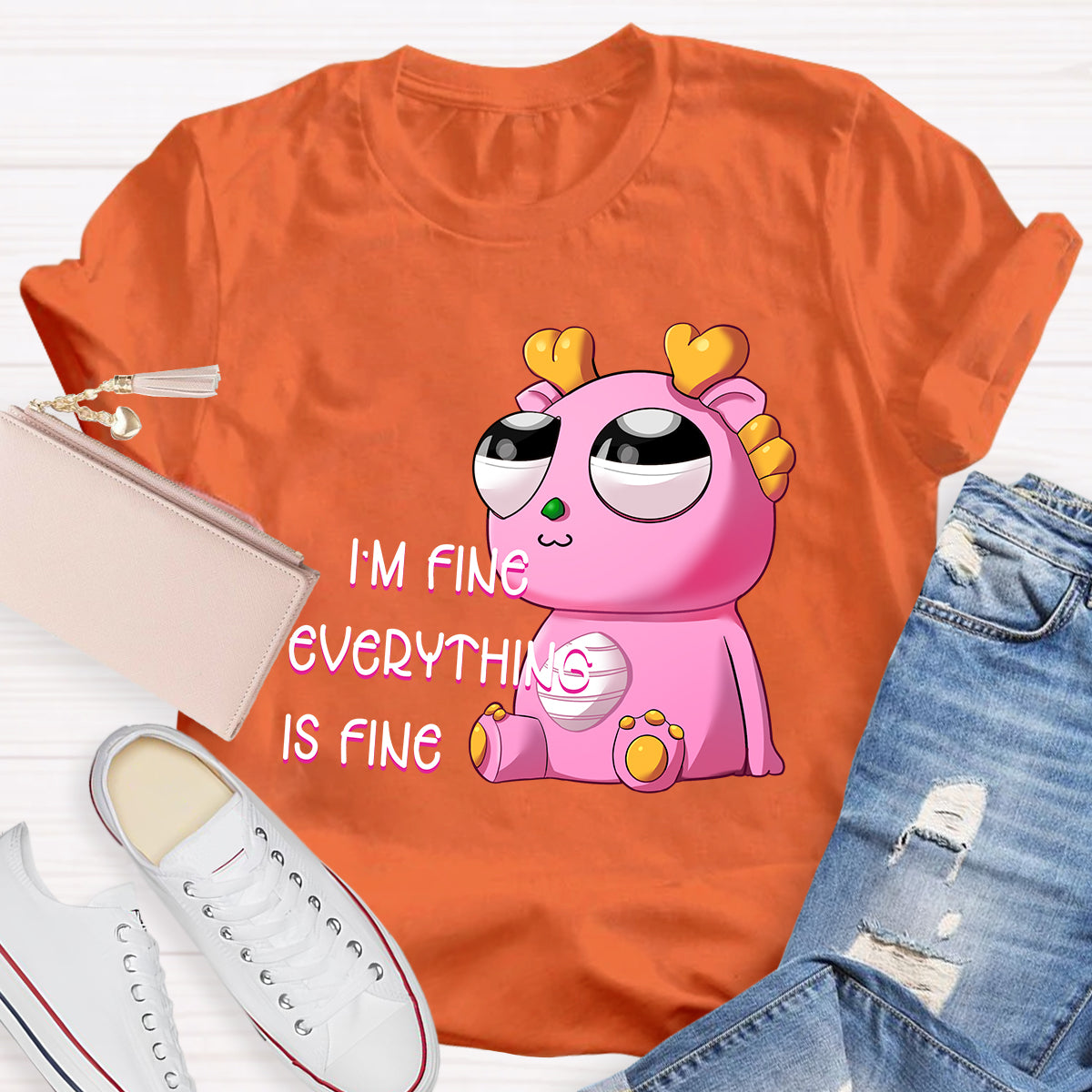 I'm Fine Everything is Fine Pink Big Eyes Dragon T-Shirt