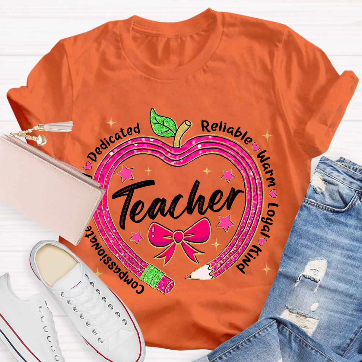 Reliable Warm Glitter Apple Pencil Heart Teacher T-Shirt