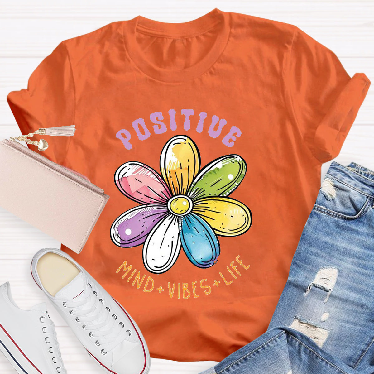 Positive Mind Vibes Life Floral Teacher T-Shirt
