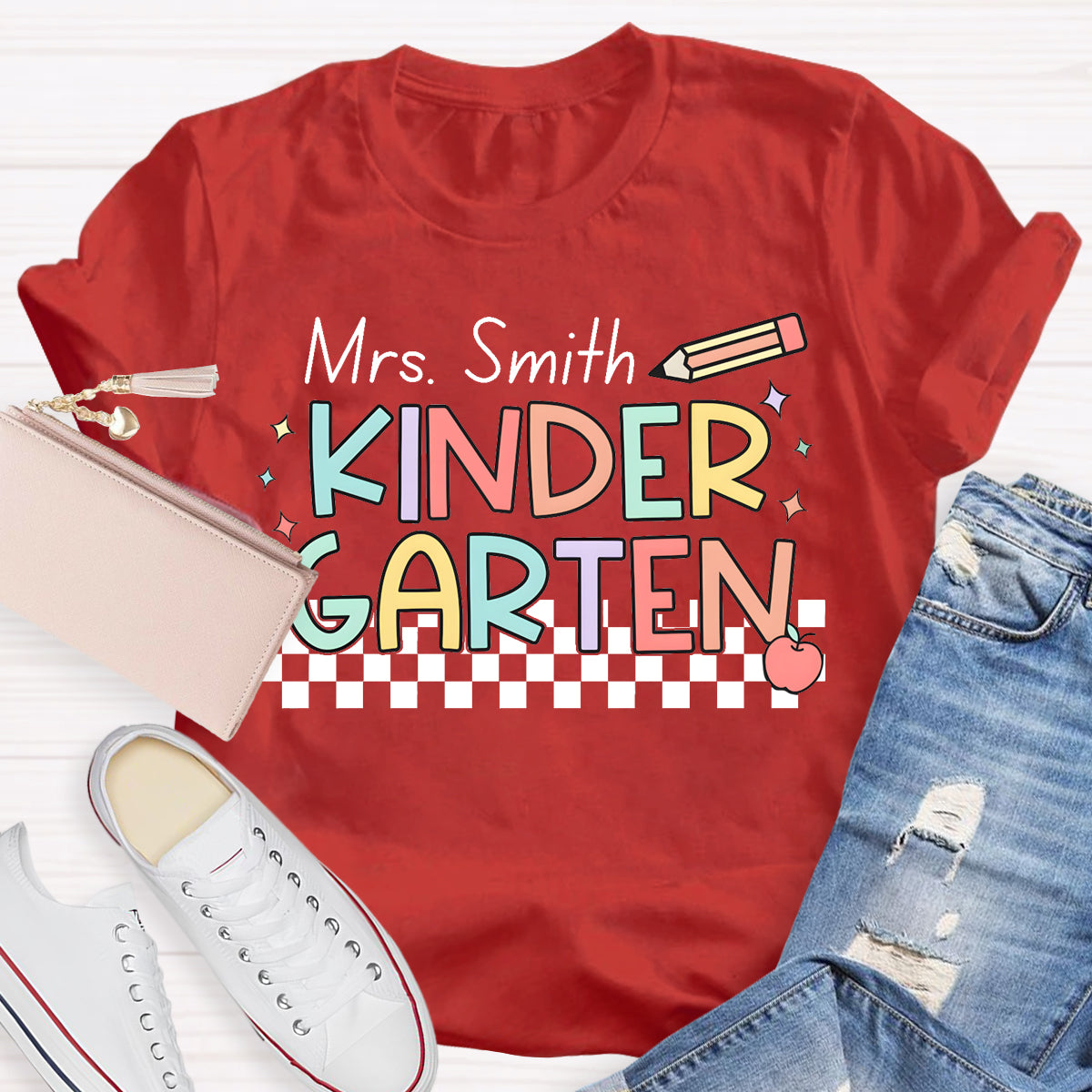 Personalized Name And Grade Checkerboard Teacher T-Shirt