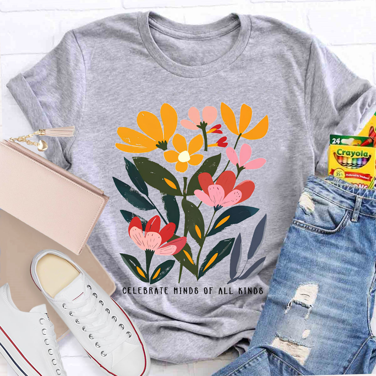 Art Flower Celebrate Minds of All Kinds Teacher T-Shirt