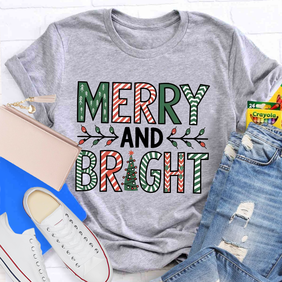 Merry And Bright Christmas Tree Teacher T-Shirt