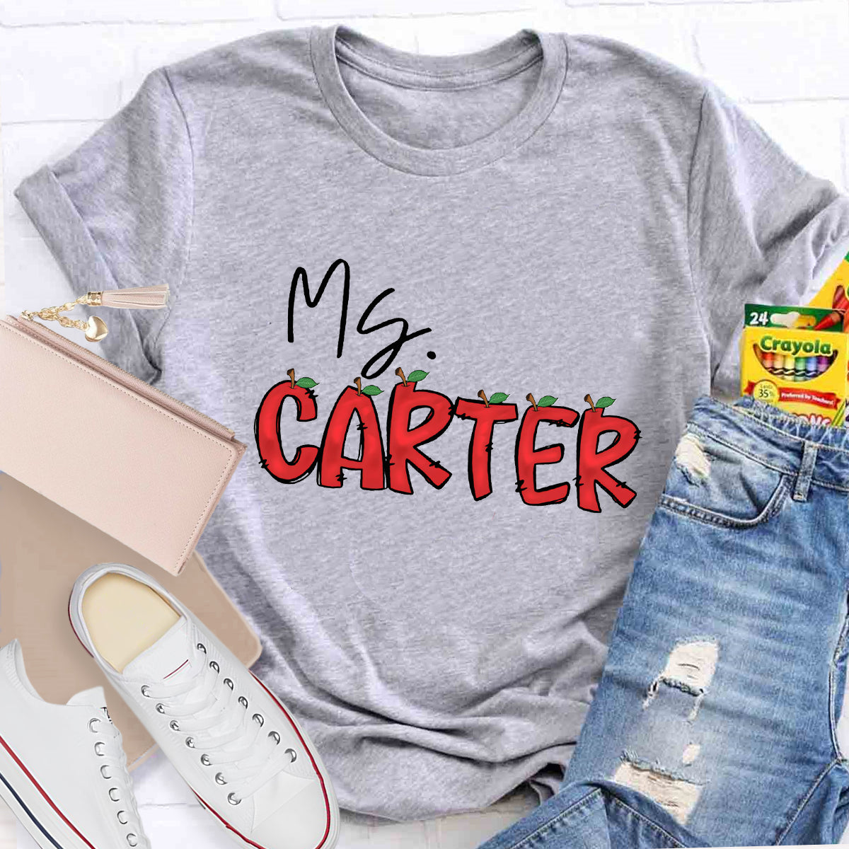 Personalized Teacher's Name Red Apple Letter T-Shirt