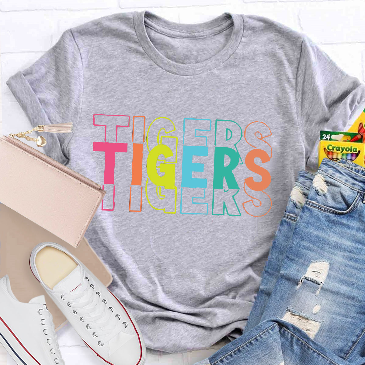 Personalized Mascot Tigers Colorful Letters Teacher T-Shirt