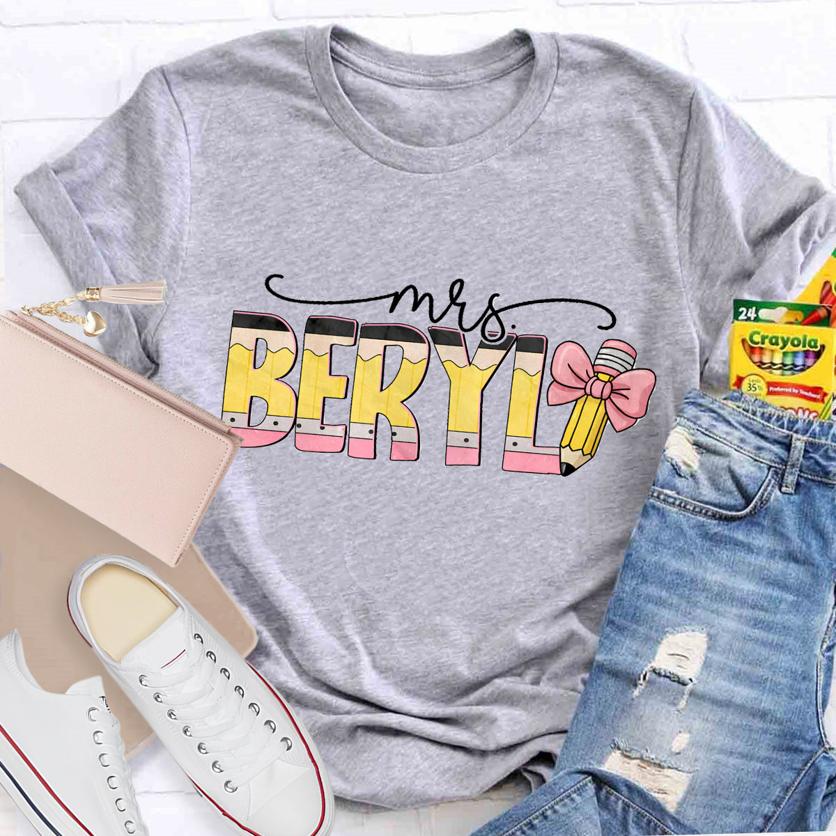 Personalized Teacher Name Pink Pencil T-Shirt