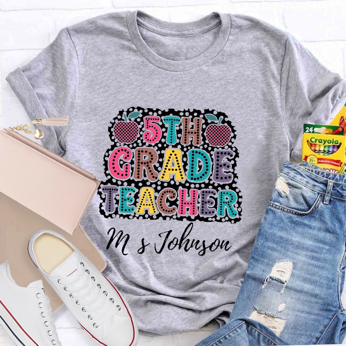 Personalized Name And Grade Checkerboard Apple Teacher T-Shirt