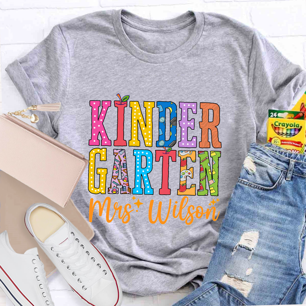 Personalized Teacher Name And Grade Apple Printed T-Shirt