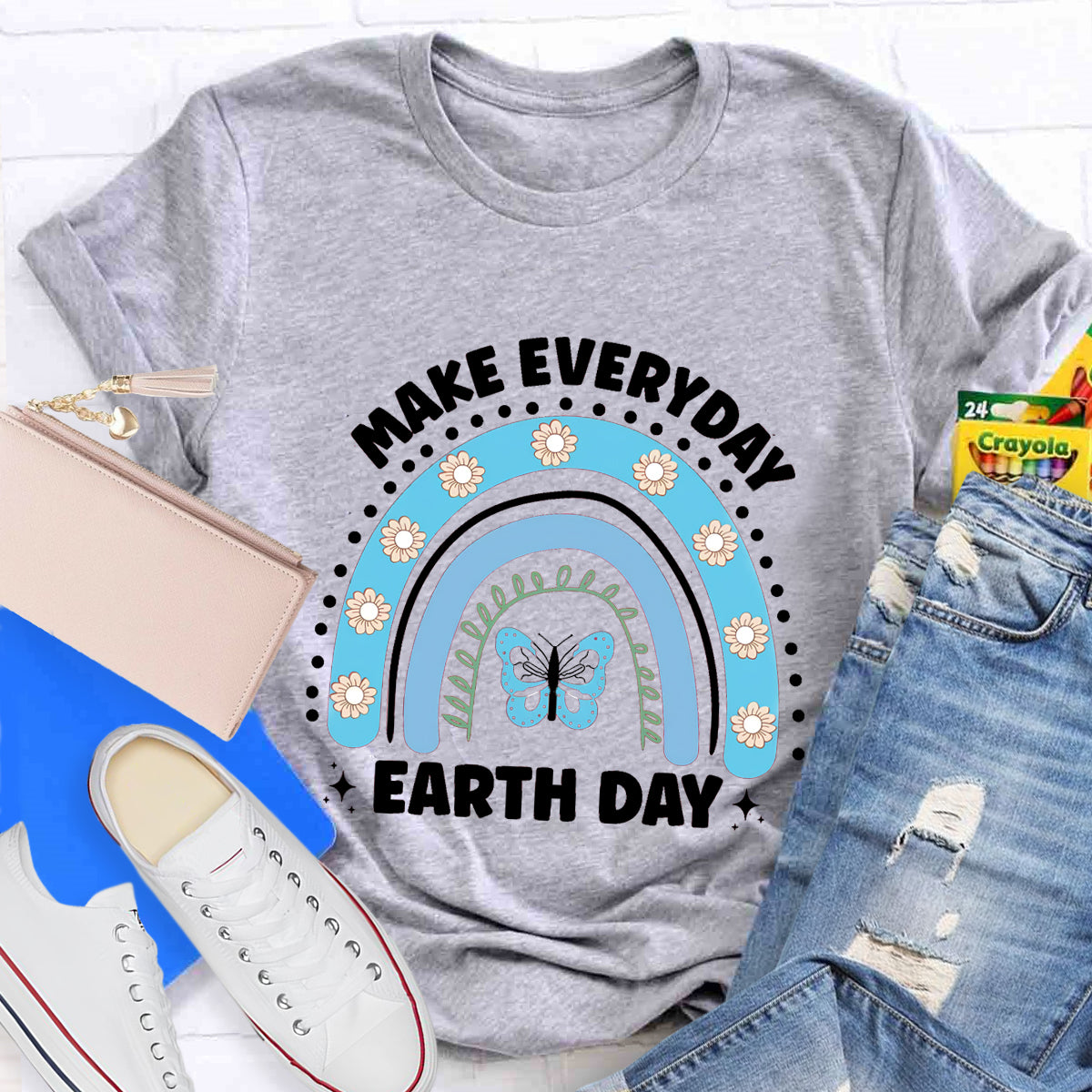 Make Everyday Earth Day Butterfly Flower Rainbow T-Shirt