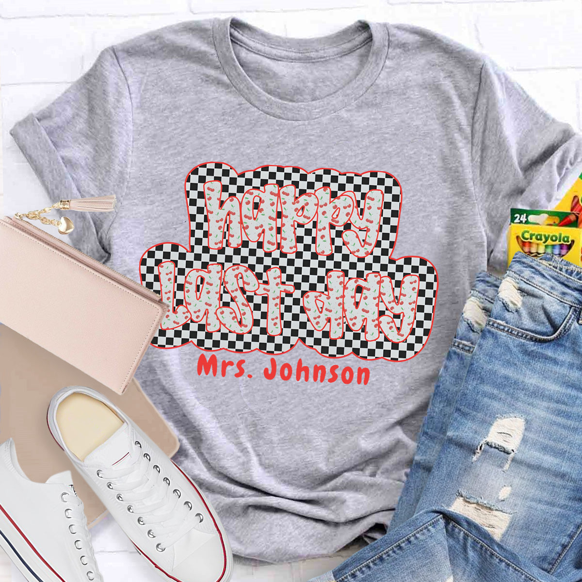 Personalized Name Happy Last Day Checkerboard T-Shirt