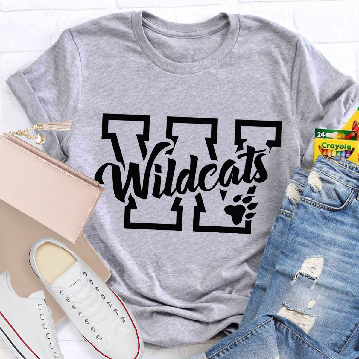 Personalized School Mascot Wildcats Black Letters Teacher T-Shirt