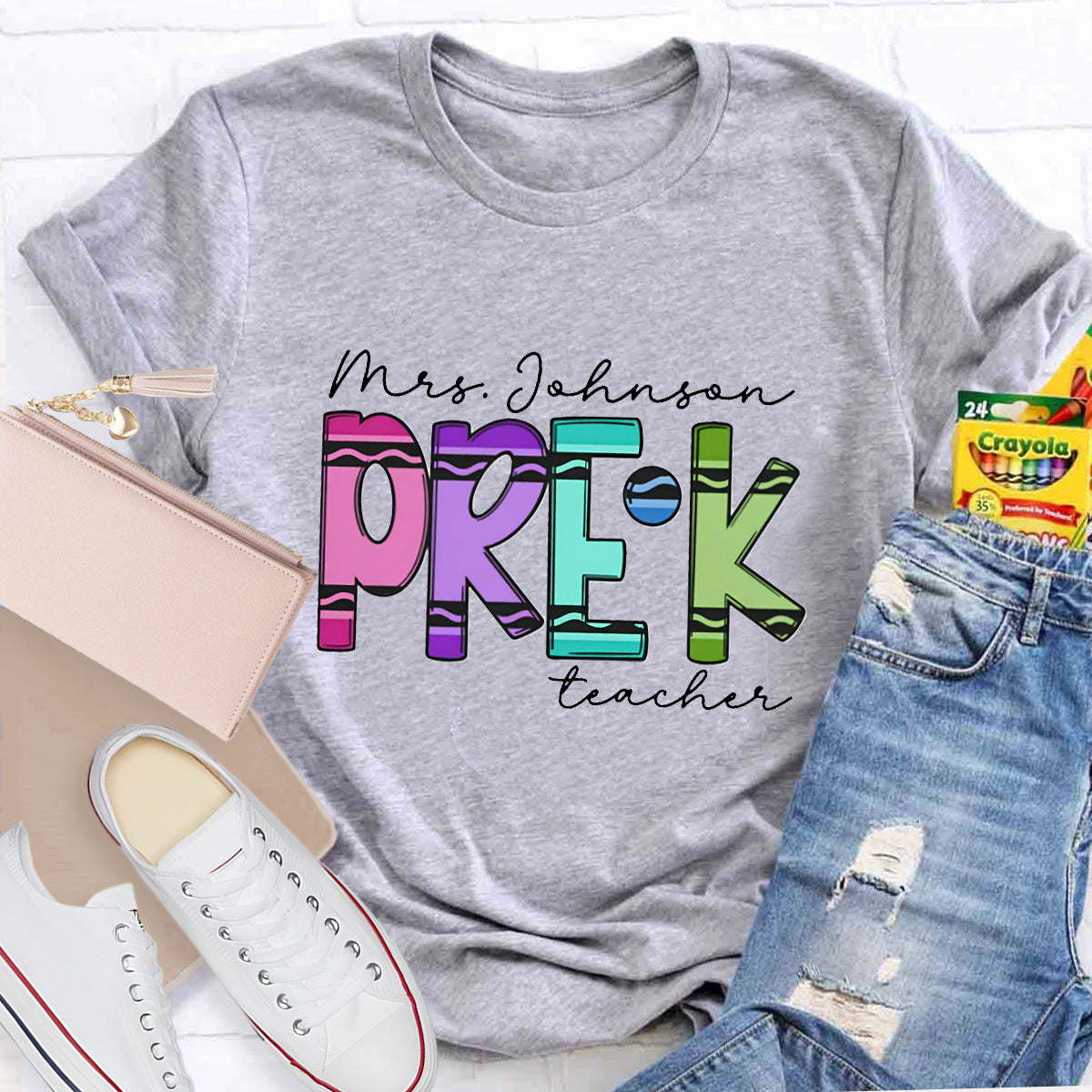 Personalized Grade And Name Crayon Teacher T-Shirt