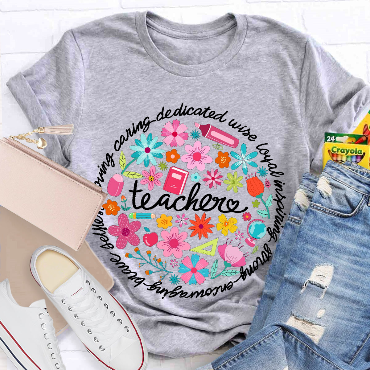 Loving Caring Dedicated Floral Teacher T-Shirt
