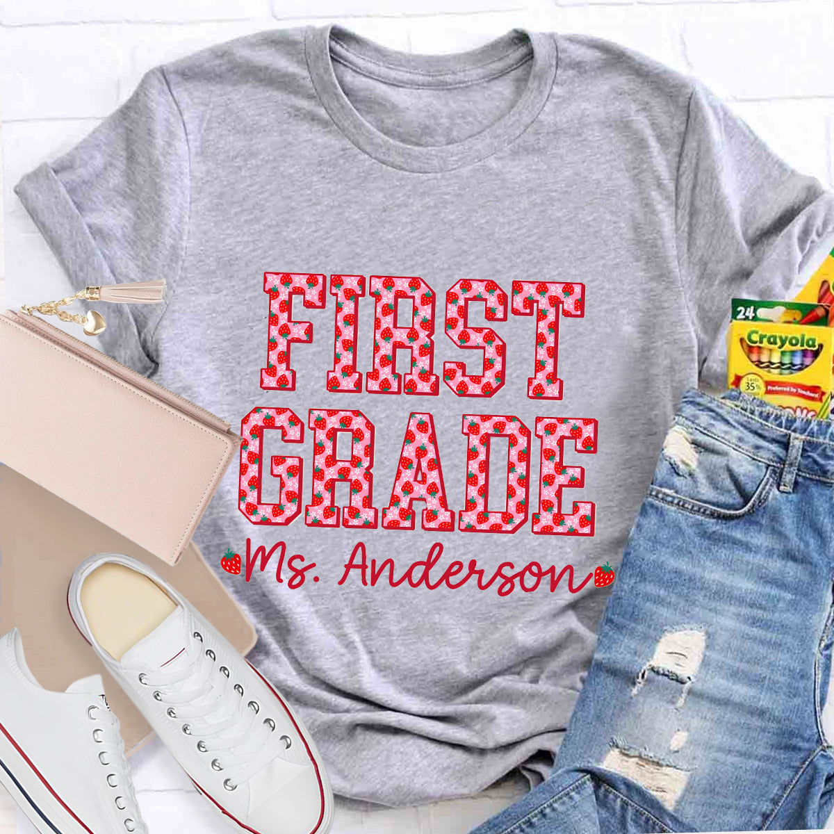 Personalized Grade And Name Strawberry Printed Teacher T-Shirt