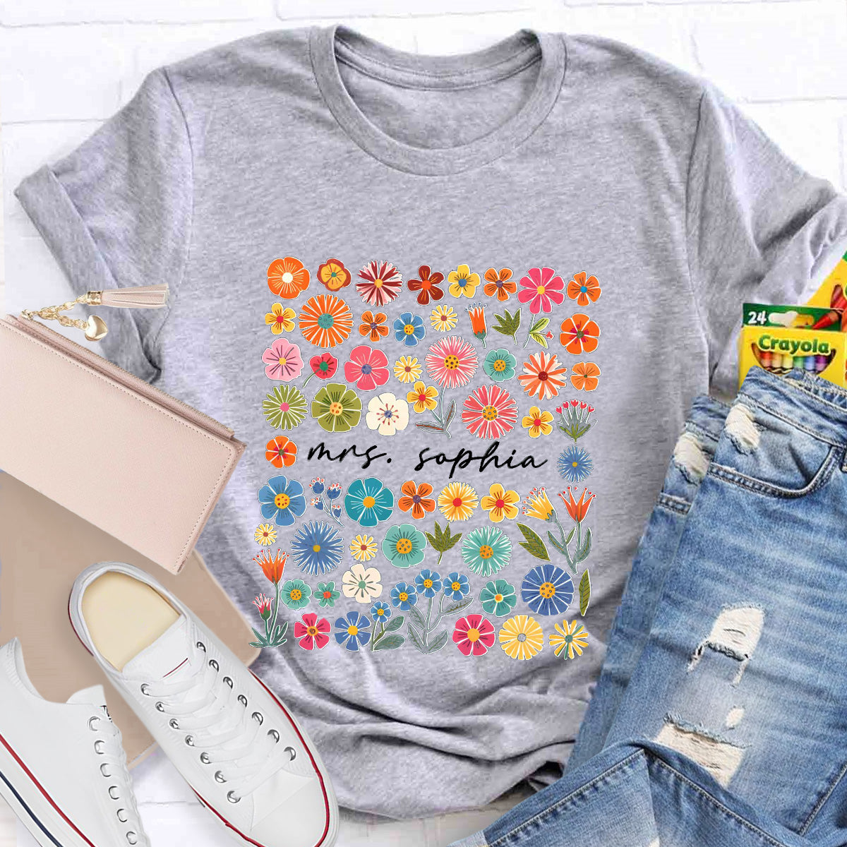 Personalized Name Pink Flowers Teacher T-Shirt