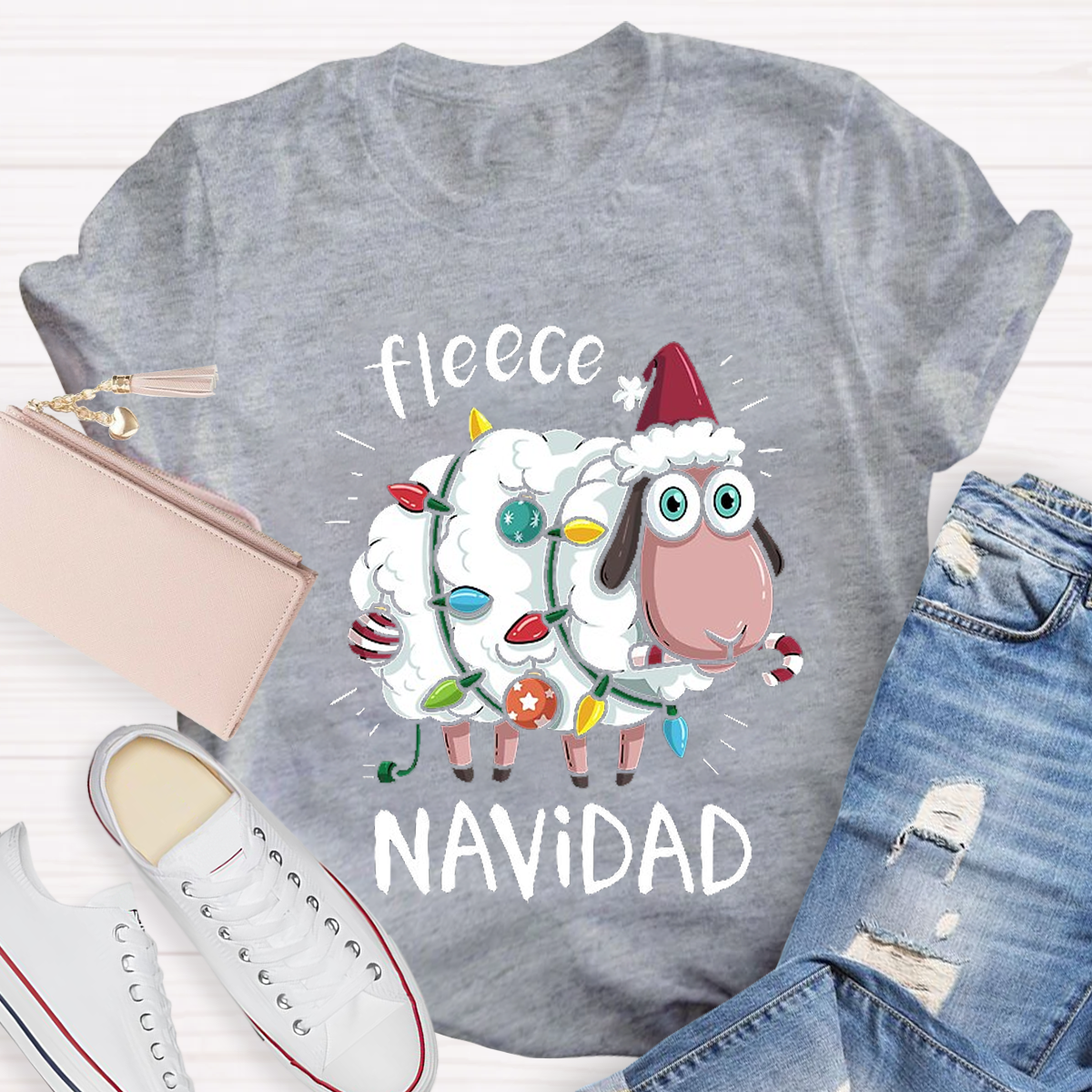 Feliz Navidad Sheep Fleece Funny Christmas Lights Teacher T-Shirt