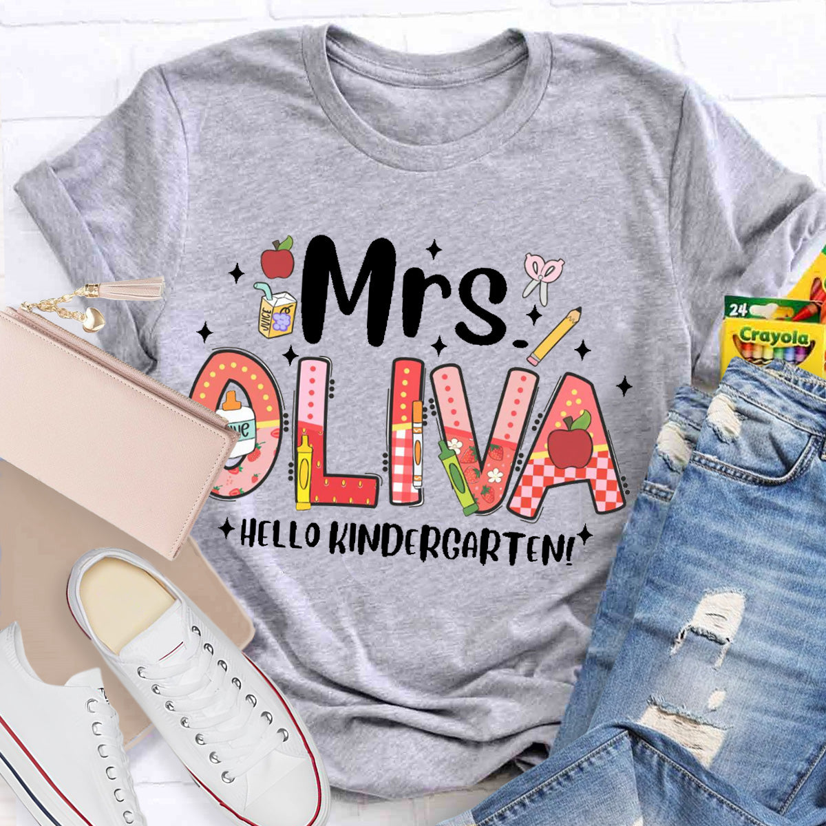 Personalized Name Hello Kindergarten Teacher T-Shirt