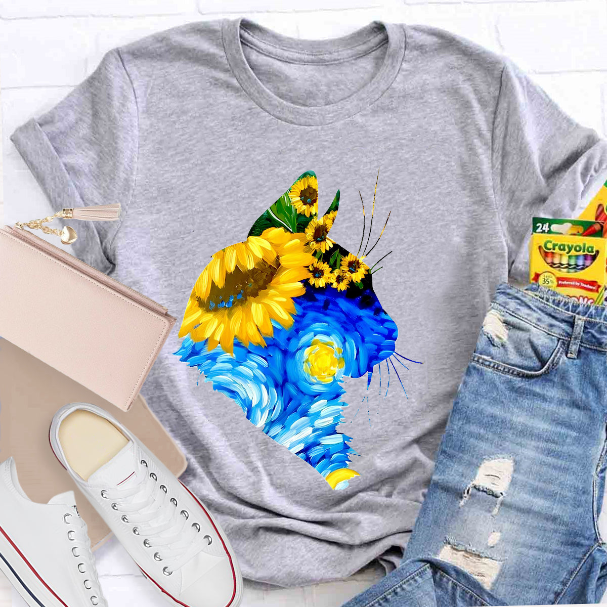 Art Sunflower Cat Teacher T-Shirt