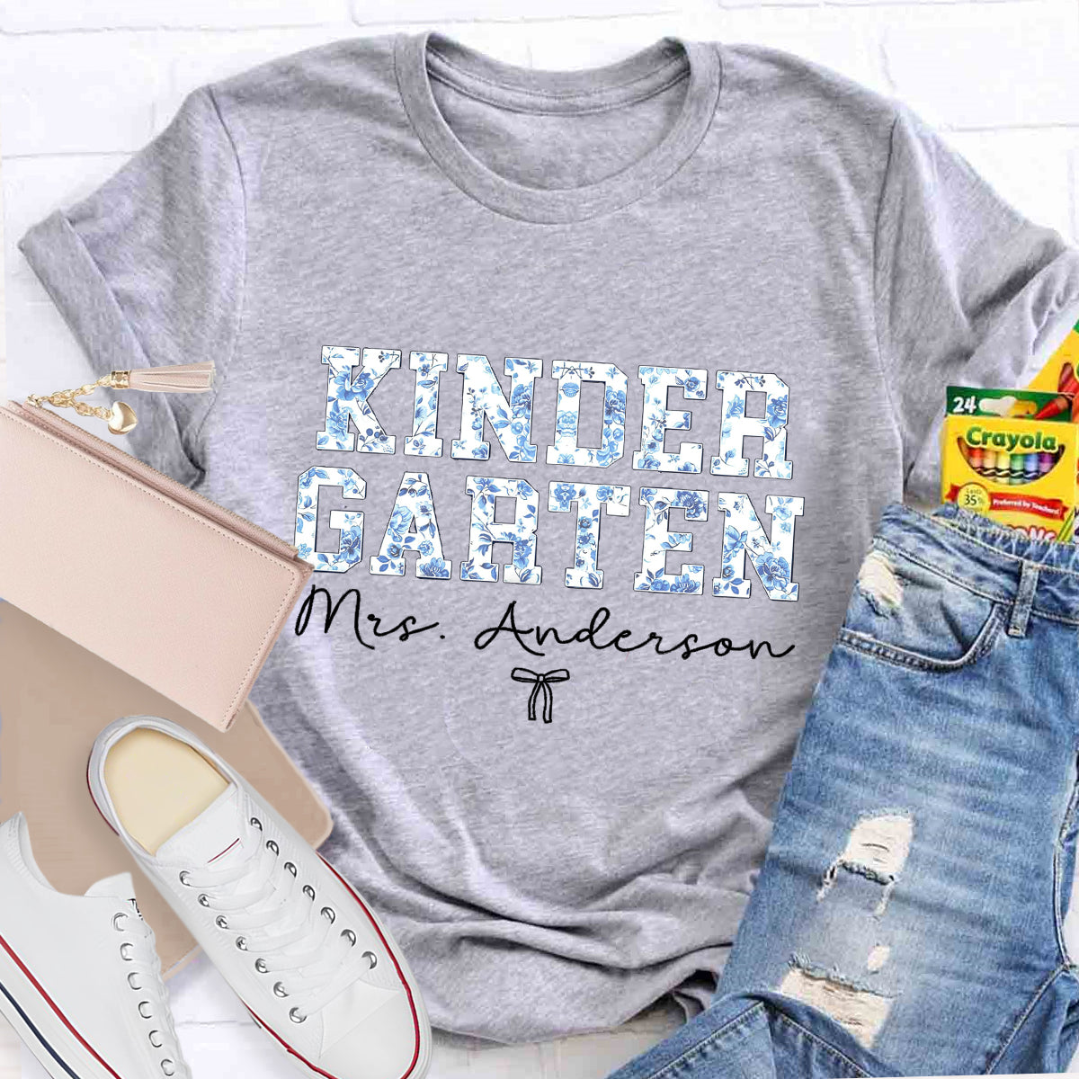 Personalized Kindergarten Teacher Name Blue Flower T-Shirt