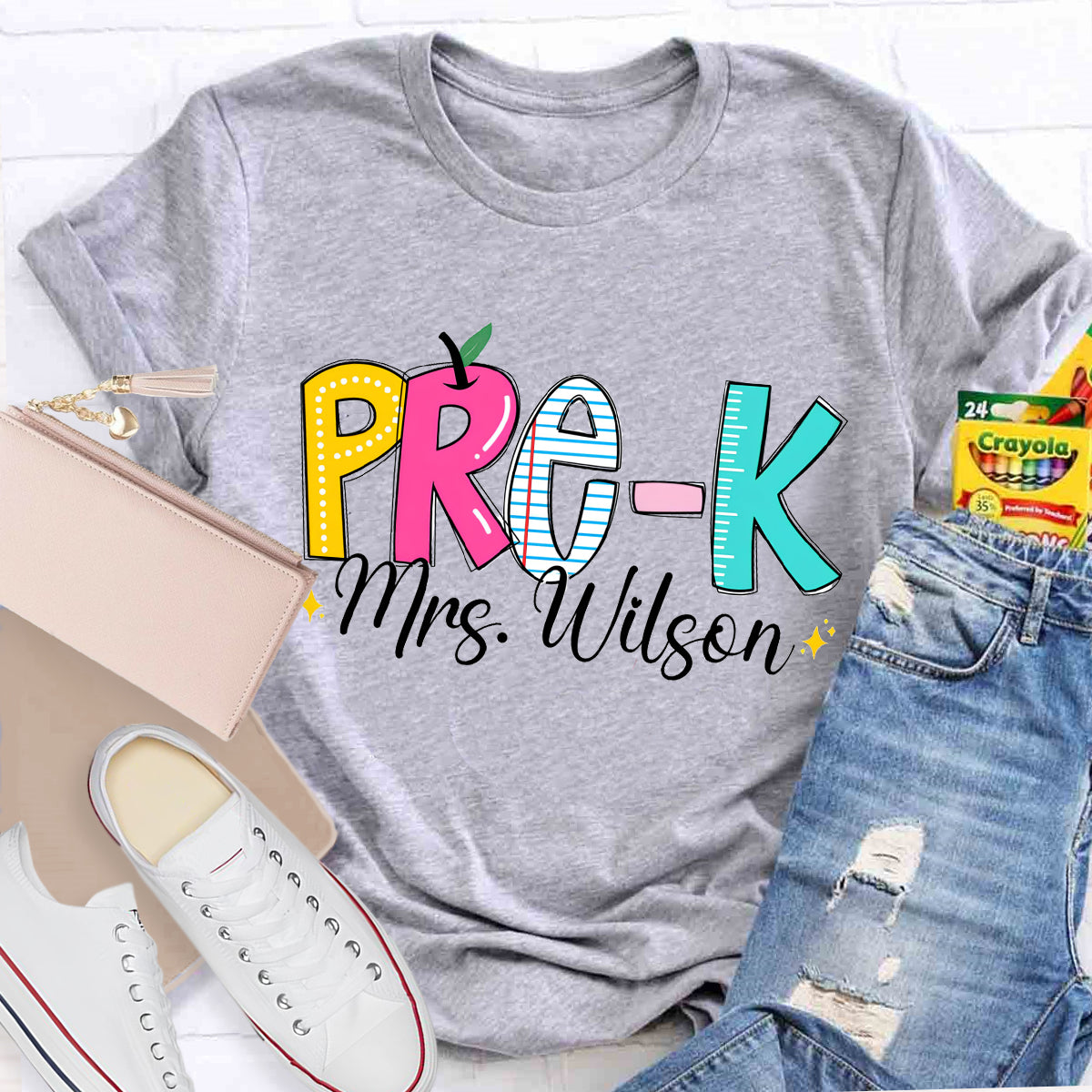 Personalized Grade And Teacher Name Apple Ruler Printed T-Shirt