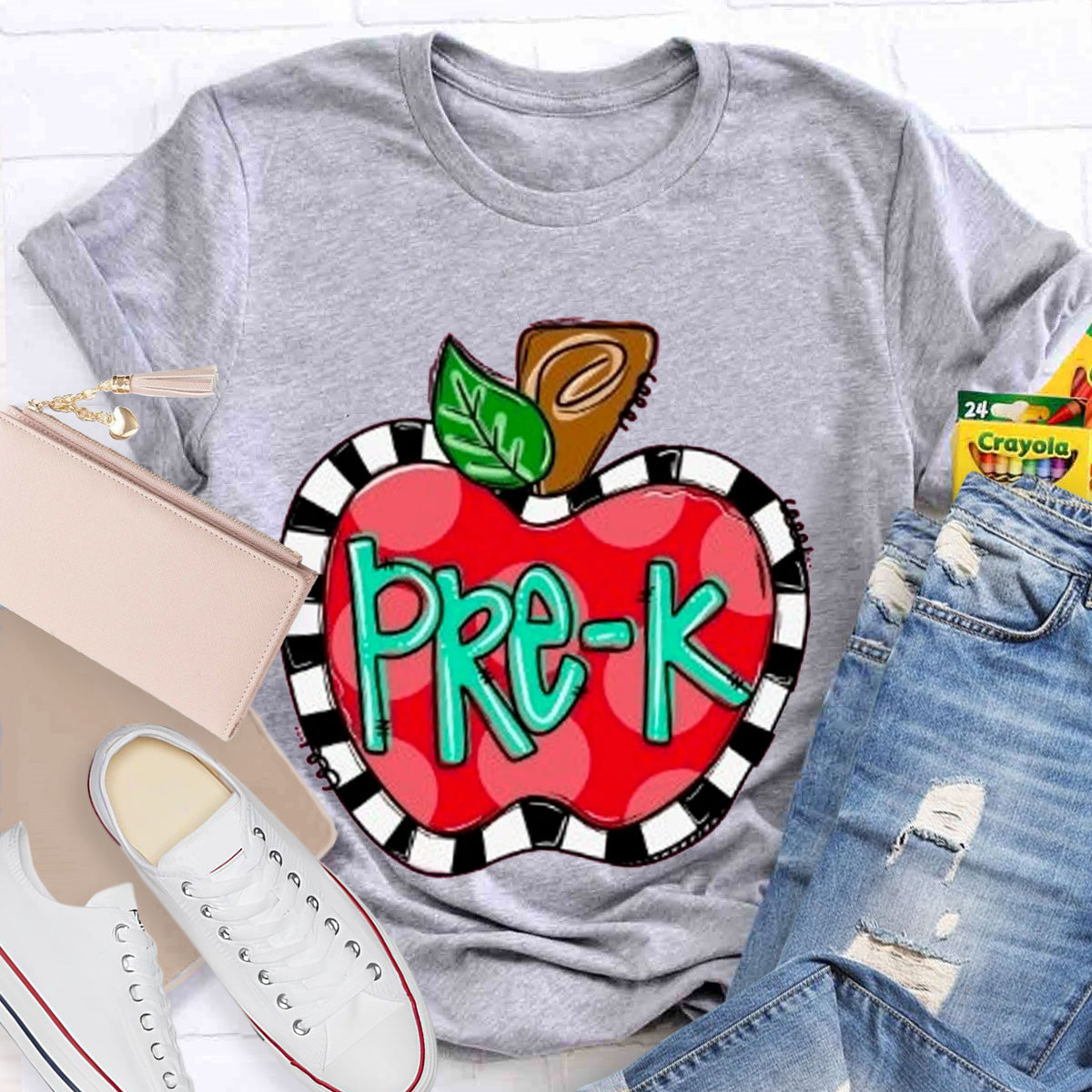 Personalized Grade Teacher Color Block Apple Printed T-Shirt