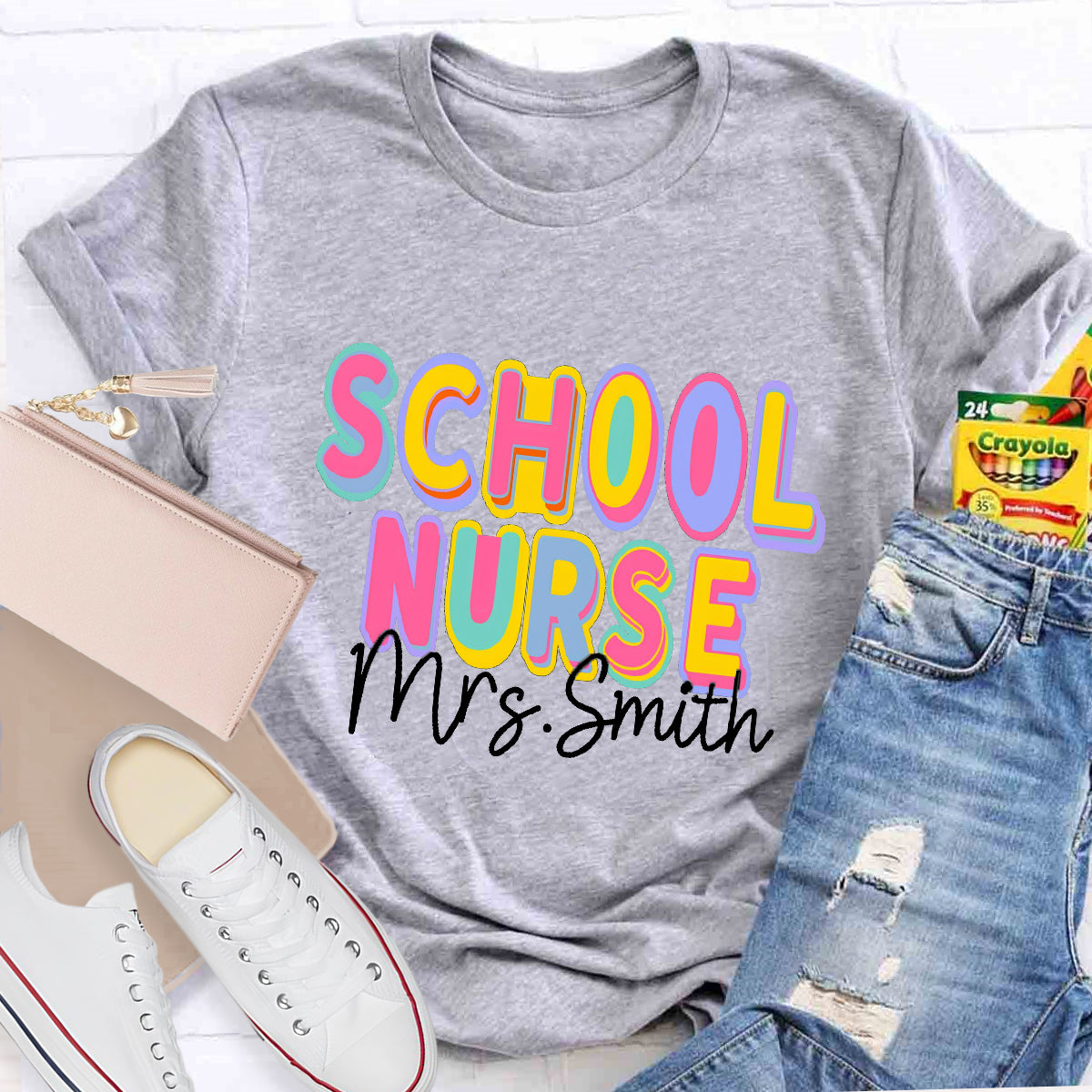 Personalized School Nurse Name Colorful Printed Letter T-Shirt