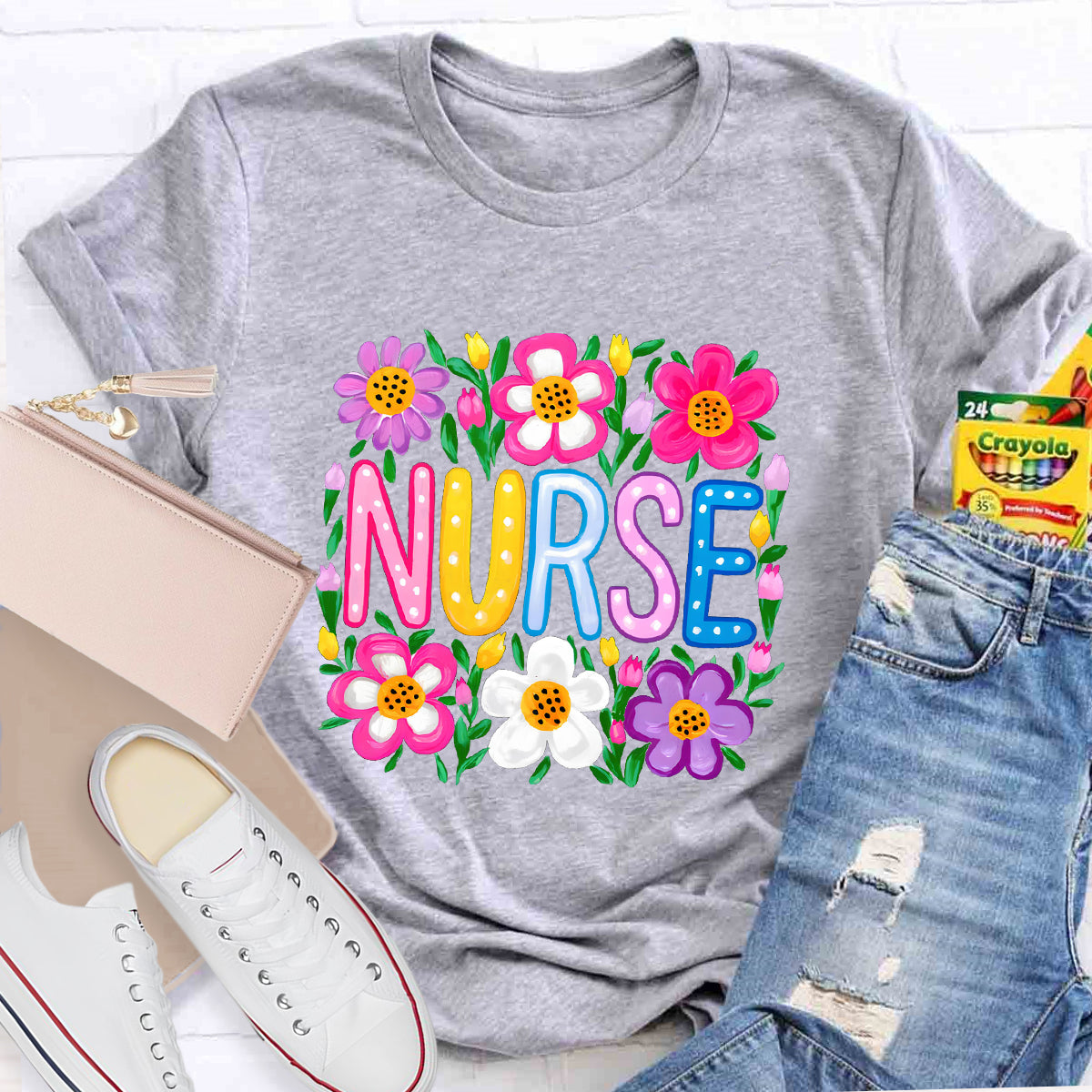 Floral School Nurse T-Shirt