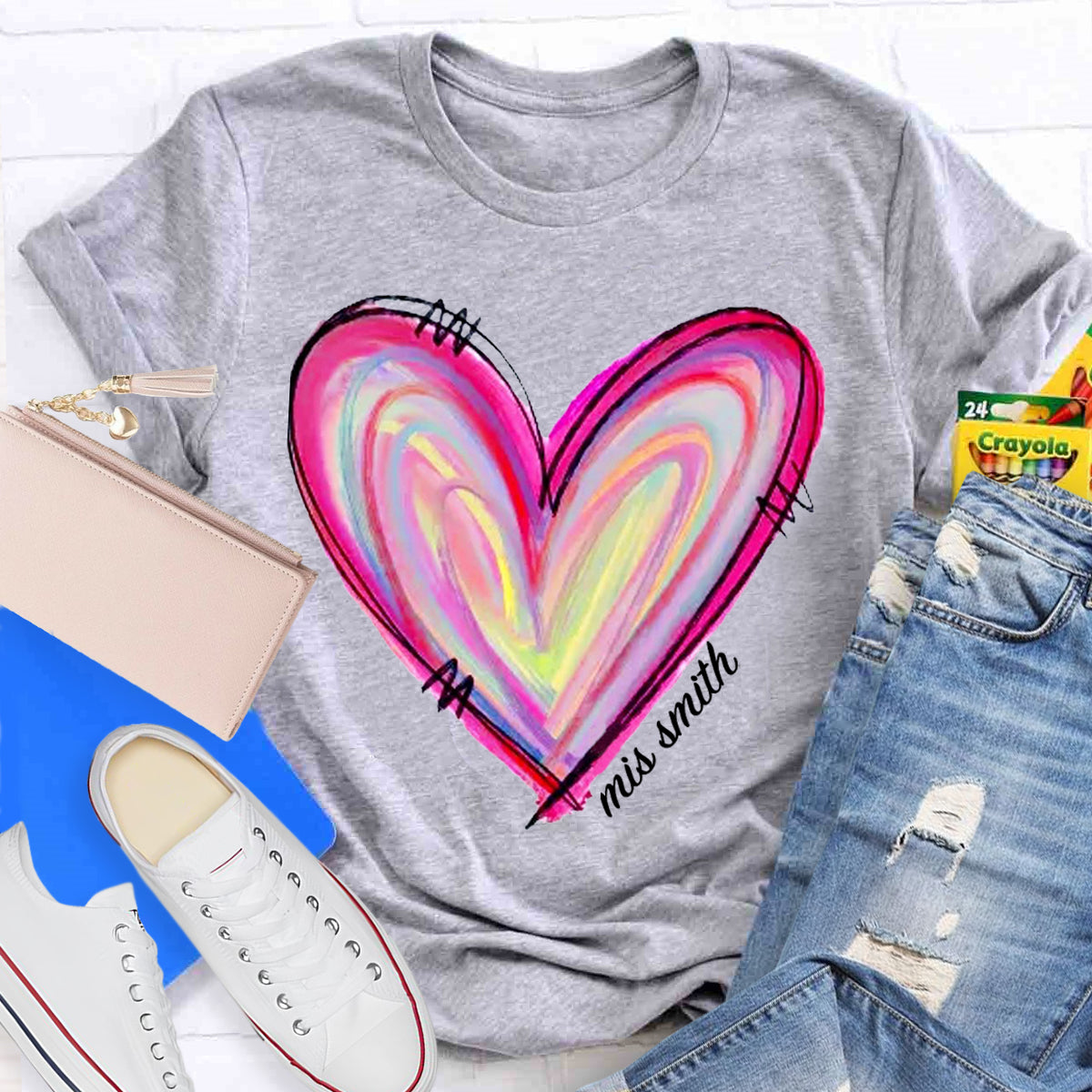 Personalized Name Art Painted Heart Teacher T-Shirt