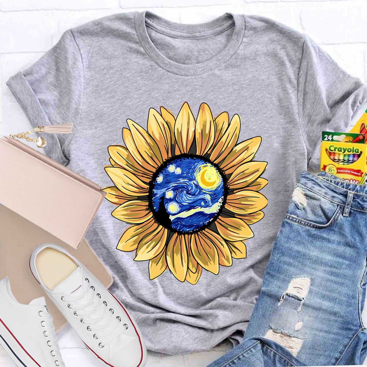 Starry Sky Art Sunflower Teacher T-Shirt