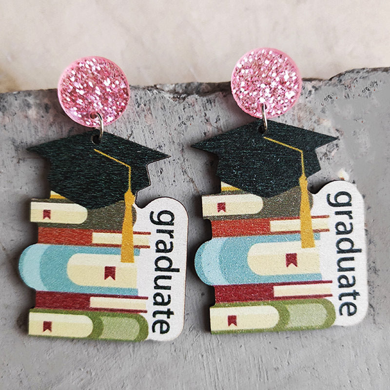 Cute Book Graduation Hat Wooden Earrings